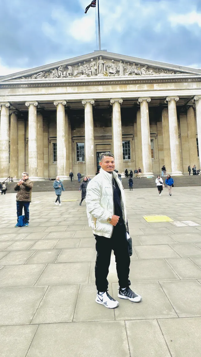 Habib in front of the British Museum columns